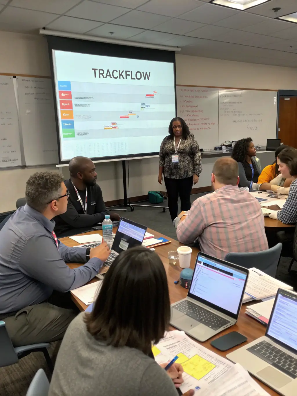A team collaborating around a large screen displaying Product 2's data insights, discussing strategic implications.