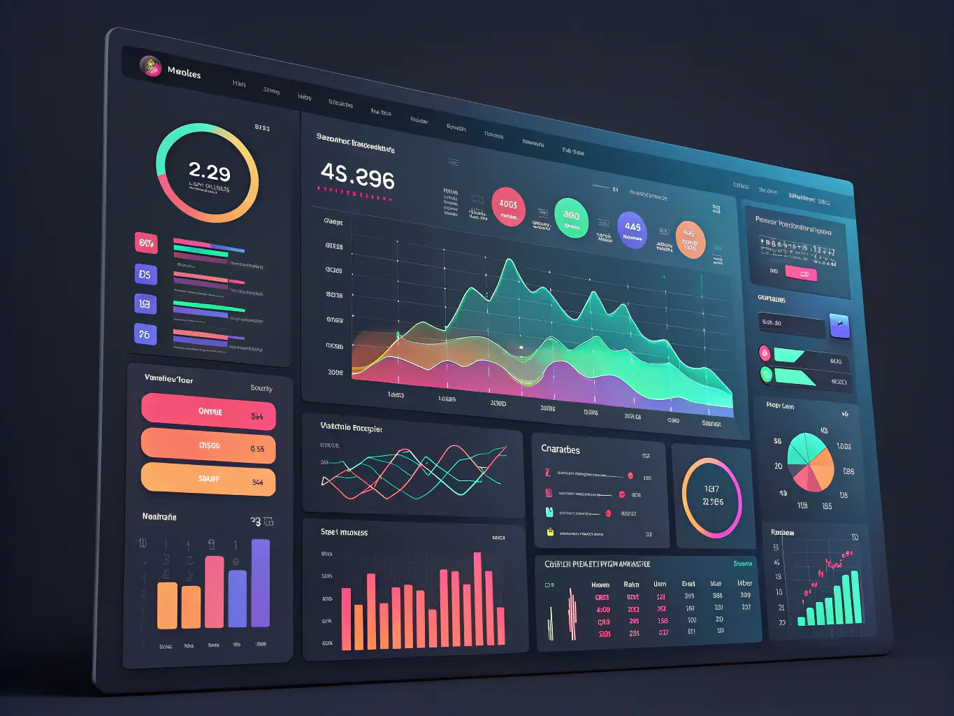 A digital illustration displaying a customizable dashboard in Product 1, showcasing key project metrics and performance indicators, set against a backdrop of data visualizations and analytical tools.