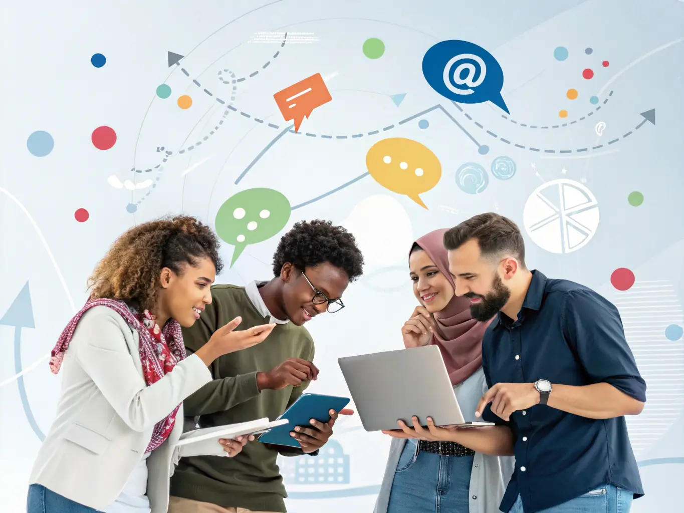A digital illustration showing a team collaborating seamlessly on a project using Product 1's real-time communication and task management features, set in a dynamic and collaborative workspace.