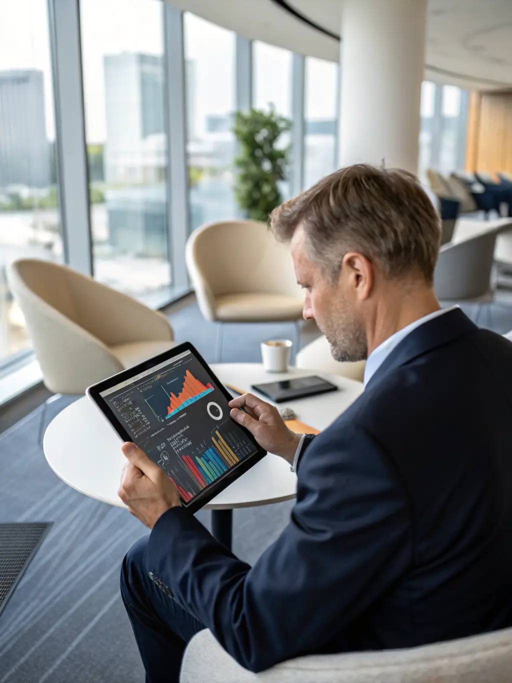 A business executive reviewing a Product 2 report on a tablet, showing predictive analytics and forecasting trends.