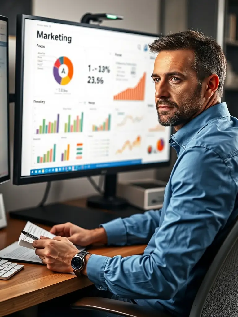 A professional data analyst using Product 2's dashboard to analyze sales data, with charts and graphs illustrating key performance indicators.